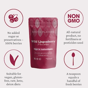 Lingonberry Powder 3.0oz (85g), High in Antioxidants, Sustainably Sourced, Made from 100% Freeze Dried Whole Lingonberries from Finland