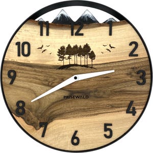 Rund väggklocka av valnötsträ, 35 cm, svart ram, arabiska siffror, skog, svart epoxiharts, snötäckta berg i bakgrunden