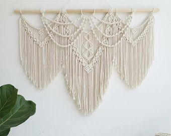Tapiz colgante de pared de macramé grande, tejido a mano con palo de madera, decoración boho, telón de fondo de boda, cortina de borlas, arte hecho a mano