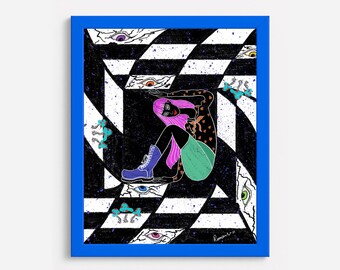 Against the Pattern – Surreal Pop Art Illustration of a Woman in Vibrant Neon Colors (Digital Download)