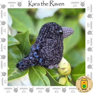 Könnte beinhalten: Ein handgehäkelter Rabe, hauptsächlich dunkelgrau mit blauen Akzenten und einem grauen Schnabel, sitzt auf grünen Blättern. Der Text "Kara the Raven" ist oben im Bild zu sehen, zusammen mit einem Logo. Handgefertigt.