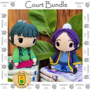 May include: Two crocheted dolls, one green and pink, the other blue and purple, sit on books. The dolls have large eyes and are wearing outfits. The text "Court Bundle" is at the top of the image. A logo for "Neith Sand Crochet" is at the bottom.