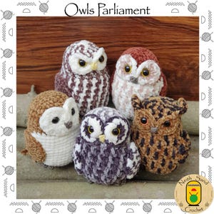 Owls Parliament amigurumi PDF pattern EN-FR