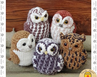 May include: Five crocheted owl figurines with textured yarn, plastic eyes, and small beaks. The owls feature various color patterns including brown, white, grey, and rust. The text Owls Parliament is at the top, and Neith Sand Crochet is at the bottom.
