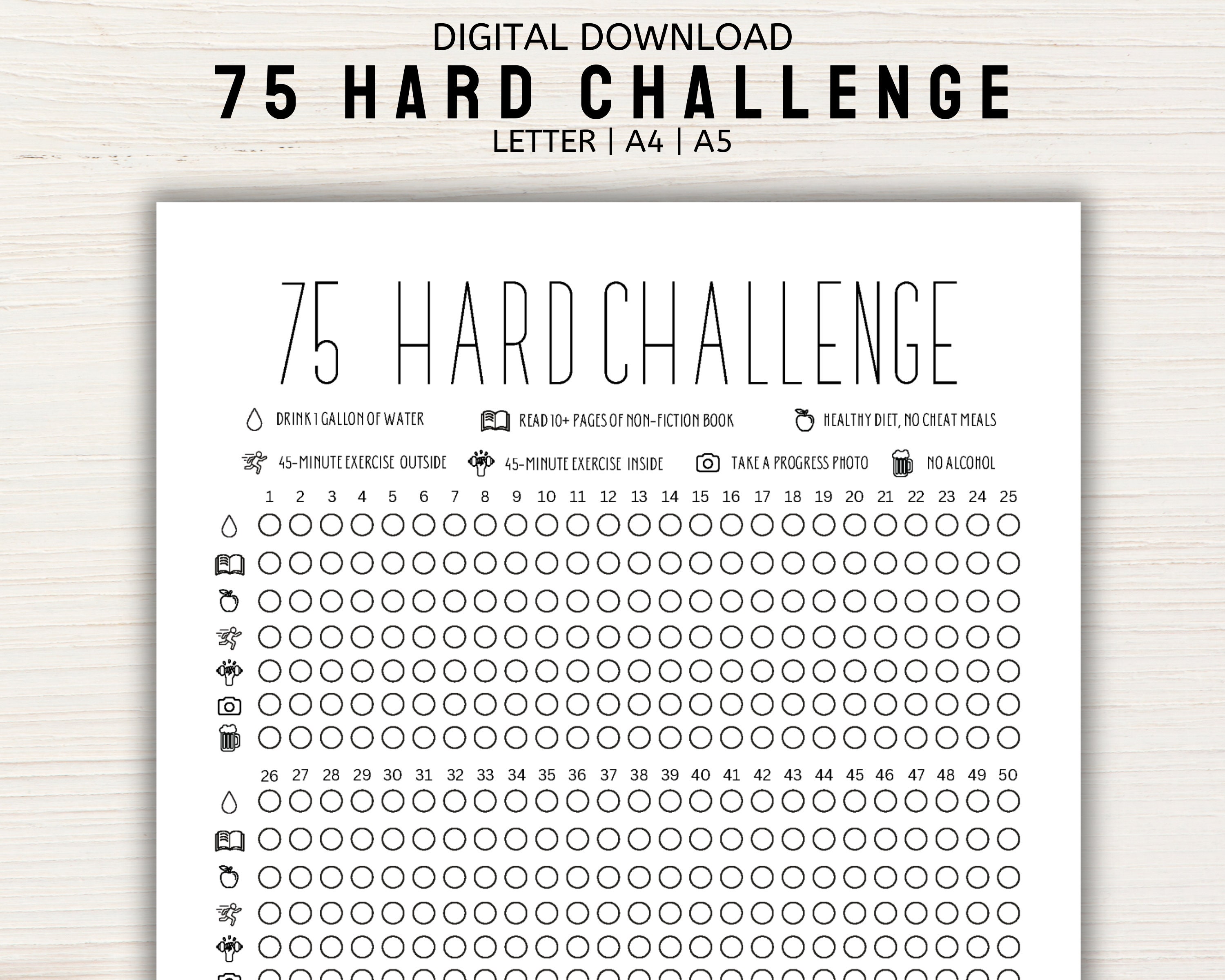 75day Hard Challenge, Simple Printable Fitness Tracker, Exercise