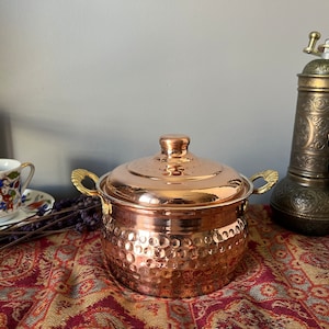Handmade Turkish Copper Pot With Lid | Oriental Copper Pot | Traditional Turkish Casserol Pot | Vintage Ottoman Pot | Copper Pot with Handle