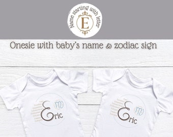 Custom Onesie with  baby&#39;s name starting with E with customizable Zodiac Sign Baby Romper Junior apparel gift White Black by suzice