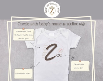 Z name  Zodiac baby onesie custom name adjectives beginning with letter Z Romper bodysuit kid apparel gift White Black by suzice