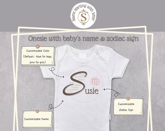 Personalized Zodiac baby onesie custom name adjectives beginning with letter S Romper bodysuit kid apparel gift White Black by suzice