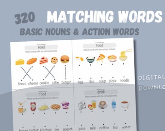 Match picture with English word Printable kids Exercise nouns adjectives  food places worksheet Teacher home school DIY by suzice