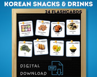 Tarjetas didácticas de aperitivos y bebidas coreanas: aprendizaje DIY para niños (descarga digital)