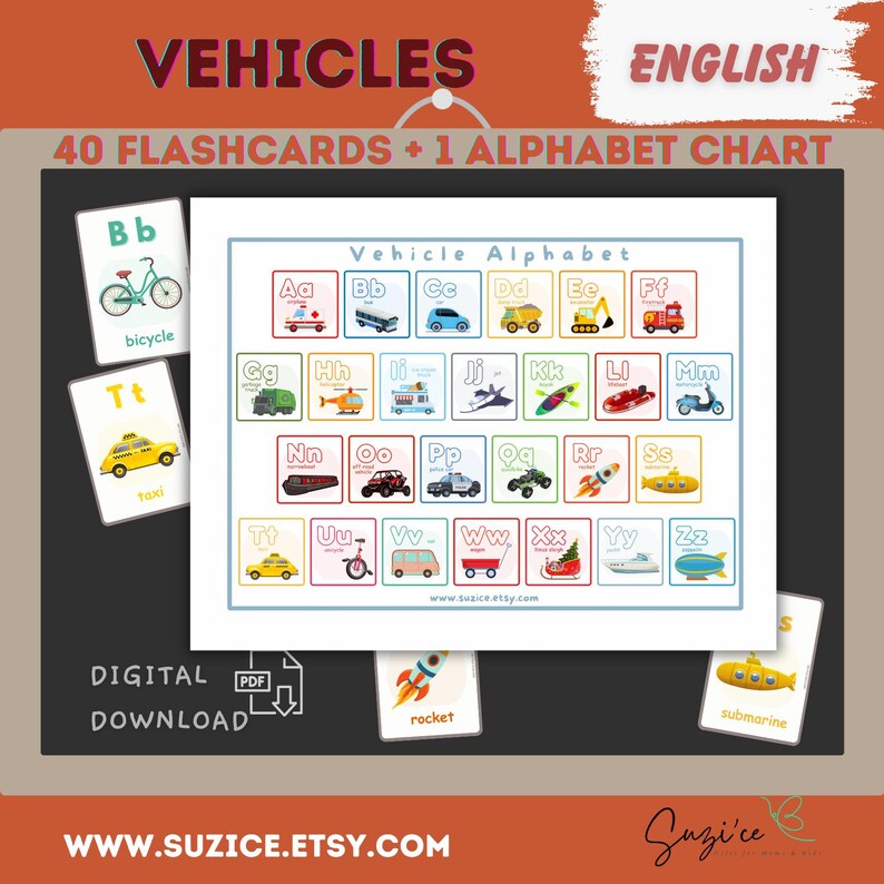 Vehicle Alphabet Flashcard Printable to Educate Kids Toddlers ...