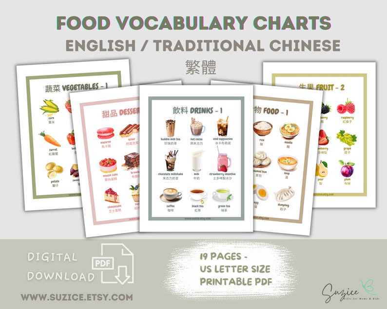Food Vocabulary English & Traditional Chinese Printable: Montessori ...