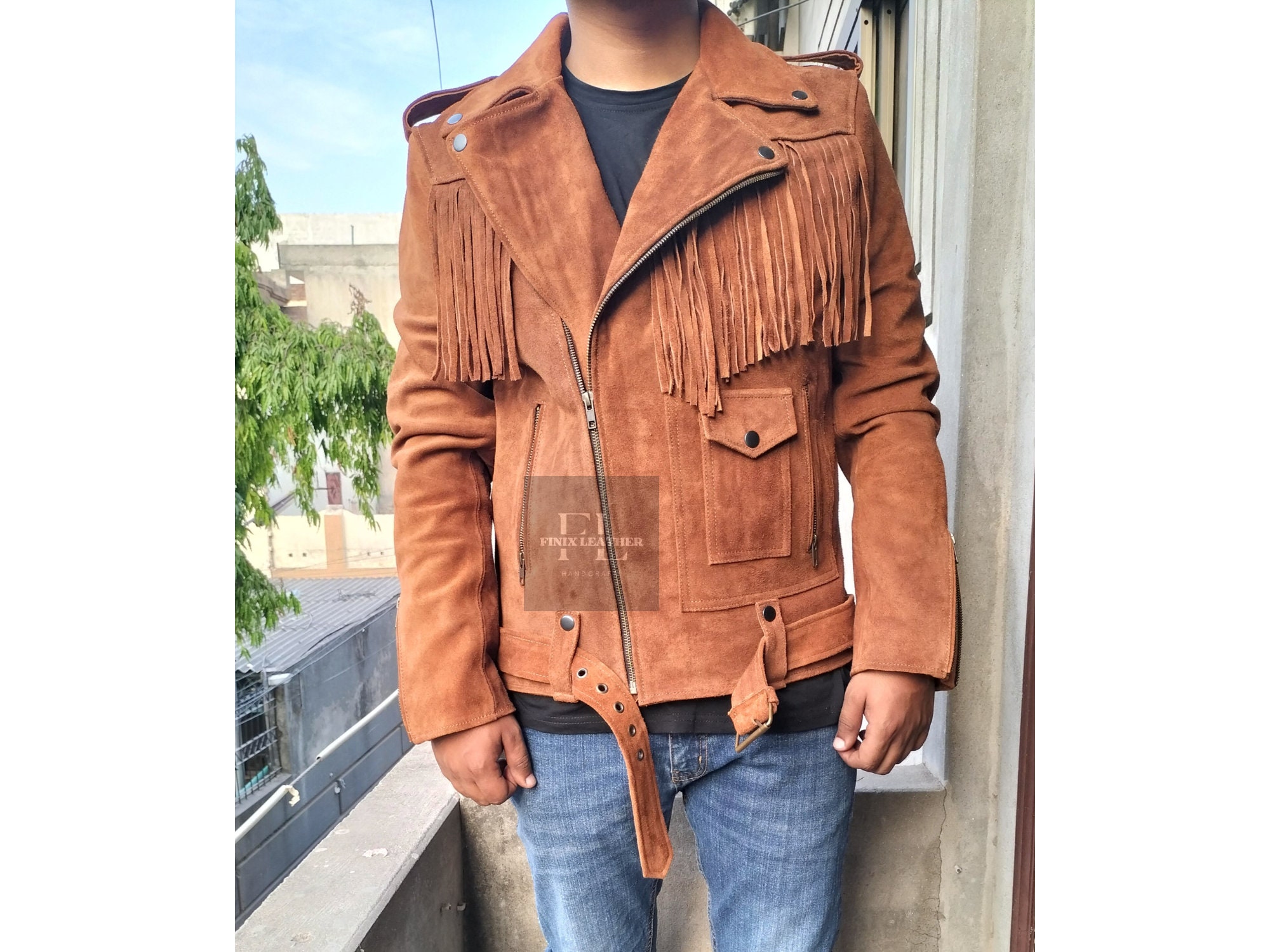 Straight cut suede leather jacekt with fringes