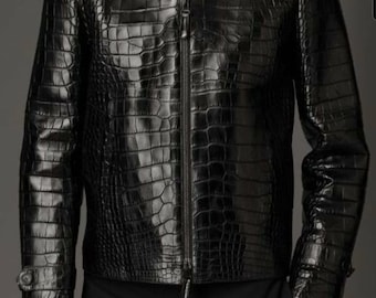 Crocodile Jacket Men's Real Leather Crocodile Embossed Jacket Biker Black Alligator Print Jacket Personalized Jacket Gift For Him