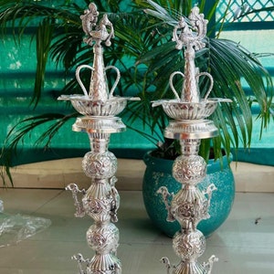 23 Inches Samai, German Silver Hand Engraved Set Of 2 Peacock Samai-Diya,  Housewarming Gift, Kuthu Vilakku, Oil Lamp, Free Express Delivery