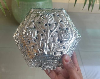 Hand Engraved Dry Fruit Box, German Silver Small Hexagonal Box, Wedding Gift, Trinklet Box, Table Decor, Cute Gift,  Free Express Delivery