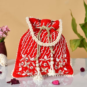 Etnische dameshandtas Zardosi Work, handwerktasje met trekkoord, bruidsaccessoire, cadeau voor haar, avondtasje, gratis expreslevering