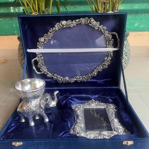 German Silver Gift Set: Elephant Bowl, Tray & Frame - Indian Wedding Favor