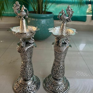 German Silver Set Of 2 Peacock Samai-Diya With 3 Ducks, Diwali Oil lamp, Housewarming Gift, Kuthu Vilakku, Free Express Delivery