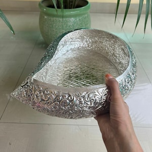 German Silver Urli, Hand Engraved Mango Shaped Urli, Centerpiece Bowl, Asthetic Design Urli For Home Decoration, Free Express Delivery