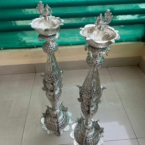28 Inches Samai, German Silver Hand Engraved Set Of 2 Peacock Samai-Diya,  Housewarming Gift, Kuthu Vilakku, Oil Lamp, Free Express Delivery