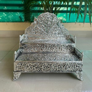Duits zilver 2 stappen Singhasan voor hindoe-dieet, geoxideerd zilver Pooja Singhasan, tempel decor, Diwali decor, gratis express levering