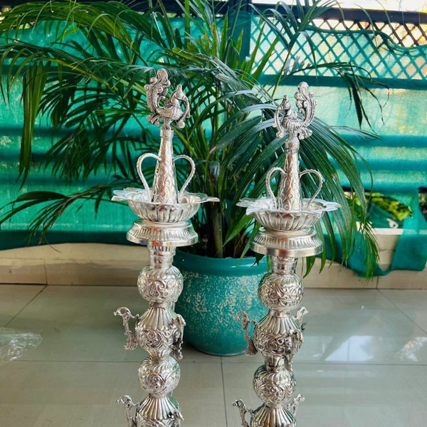 23 Inches Samai, German Silver Hand Engraved Set Of 2 Peacock Samai-Diya,  Housewarming Gift, Kuthu Vilakku, Oil Lamp, Free Express Delivery