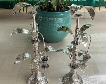 Ręcznie grawerowane niemieckie srebrne drzewo bananowe: dekoracja na Diwali Pooja