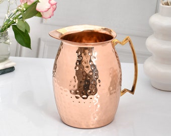 Hammered Copper Water Pitcher: Rustic Kitchen Decor, 2 Litre Jug