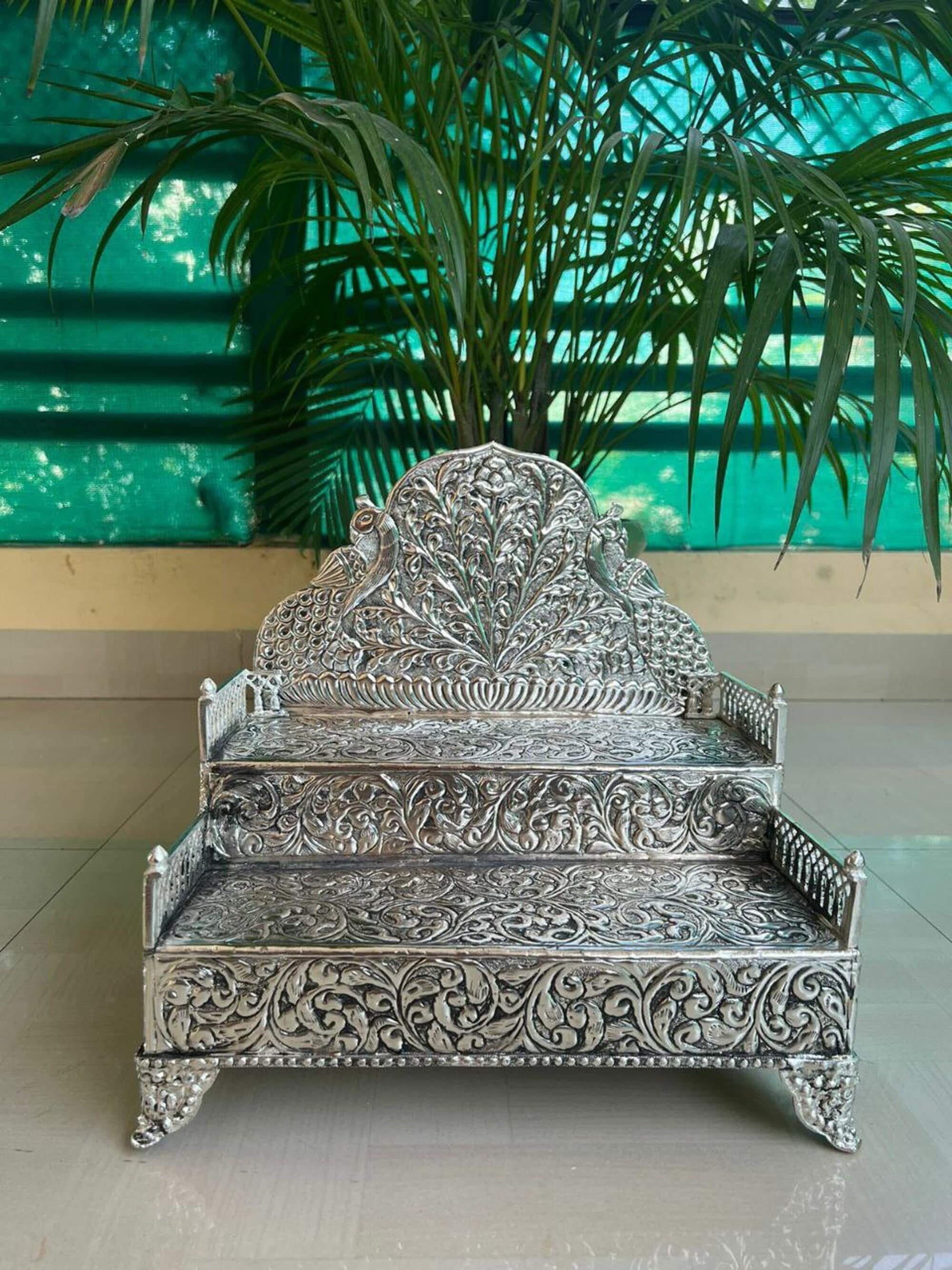 German Silver 2 Steps Singhasan for Hindu Diety, Oxidized