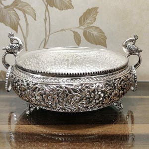 German Silver Hand Engraved Peacock Urli, Centerpiece Bowl, Asthetic Design Urli For Decoration, Diwali Decor Urli, Free Express Delivery