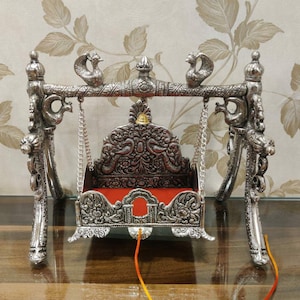 German Silver Hand Engraved Swing For Hindu Diety, Antique Oxidized Silver Jhula, House Temple, Diwali Decor,Free Express Delivery