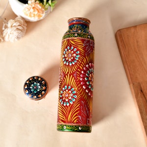 Zuiver koperen waterfles voor joint Gratis en lekvrij, handgeschilderd kunstwerk designerfles, Ayurveda-gezondheidsvoordeel, gratis expreslevering