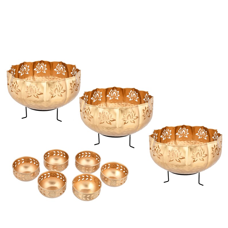 Lotus Urli Bowl Set, Urli With Stand for Floating Candleflowers, Diwali Decor, 11 Piece Set