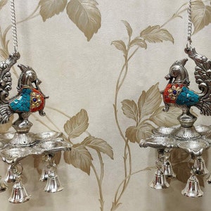 Set of 2 German Silver Hanging Diya, Hand Engraved Peacock Diya With Semi Percious Stone Work, Hanging Oil Lamp, Free Express Delivery