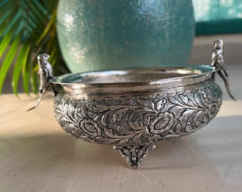 Engraved Parrot Urli Bowl: German Silver Ornate Centerpiece