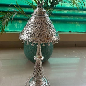 Duitse zilveren tafellamp, grote woonkamerlamp, antieke tafellamp voor woondecoratie, handgegraveerde lamp, gratis expreslevering