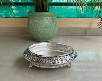 German Silver Round Urli, Hand Engraved Bowl, Urli For Floating Candle-Flowers, Elegant Home Decor, Table Centerpiece, Free Express Delivery