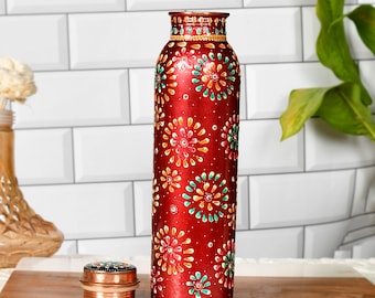 Designer Copper Water Bottle for Joint Free & Leak Proof/Hand Painted Art Work Bedside Bottle/Ayurveda Health Benefit, Free Express Delivery