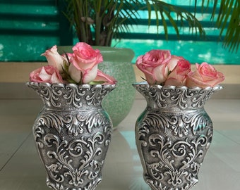 Antique German Silver Flower Vase: Etched Metal Home Decor