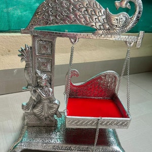 Duits zilveren handgegraveerde schommel voor hindoeïstische religie, antiek geoxideerd zilver Krishna Jhula, huistempel, decor Diwali, gratis expreslevering