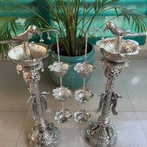 Duitse zilveren papegaai Samai, handgegraveerde set van 2 vergulde papegaai Samai-Diya, 26 inch Samai-Diya, olielamp, gratis express levering