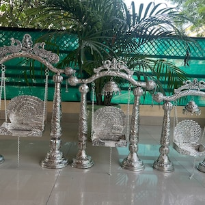 German Silver Hand Engraved Swing For Hindu Diety, Antique Oxidized Silver Jhula, House Temple, Diwali Decor,Free Express Delivery