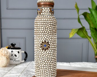 Copper Water Bottle With Stone Work For Joint Free & Leak Proof/Stone Art Work Bedside Bottle/Ayurveda Health Benefit, Free Express Delivery