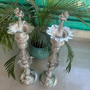 36 Inches Peacock Samai, German Silver Hand Engraved Set Of 2 Peacock Samai-Diya, Kuthu Vilakku, Oil Lamp, Free Express Delivery
