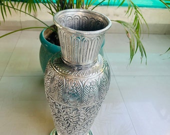 German Silver Flower Vase: Antique Style Home Decor, 19 Inch