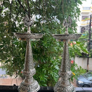 German Silver Peacock Samai, Set Of 2 16 Inches Samai-Diya With Big Oil Space, Kutthu Vilakku Oil Lamp,Diwali Decor,Free Express Delivery
