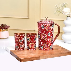 Hand Painted Copper Pitcher With 2 Glass, Rustic Kitchen Decor, Dining Table Decor, Traditional Drinkware, Free Express Delivery