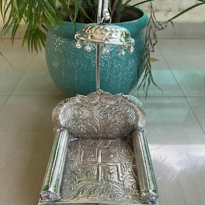German Silver Hand Engraved Singhasan For Hindu Diety, Oxidized Silver Pooja Singhasan, Temple Decor, Diwali Decor, Free Express Delivery